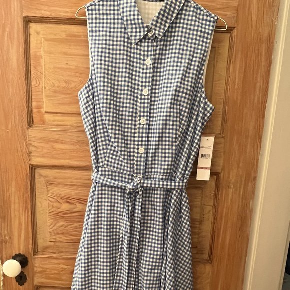 NWT Chetta B Size 12 Blue and White Checked Summer Dress w Tie Belt, Fit & Flare - Picture 11 of 11